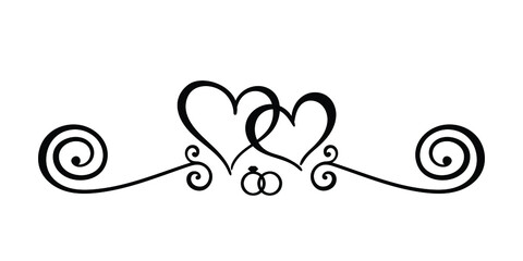 Two calligraphy hearts. Decor for greeting card or for wedding invitation. Mini tattoo. Blackwork.