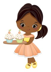 Cute Little African American Girl Holding Tray with Cupcakes