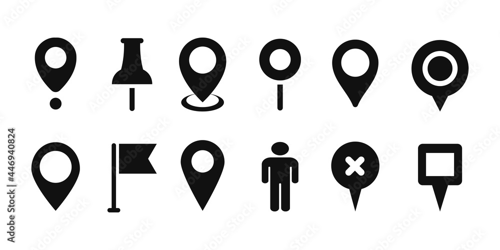 Poster map pin pointers icons set. map marker, flag and arrow flat symbols. location pin sign. gps button i