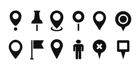 Map pin pointers icons set. Map marker, flag and arrow flat symbols. Location pin sign. GPS button isolated on white background. Vector illustration. - obrazy, fototapety, plakaty