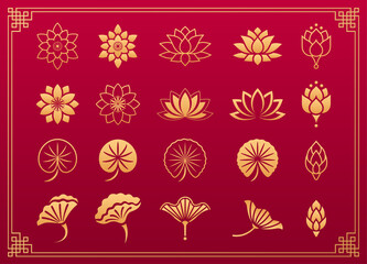 Lotus Flower Asian Ornament Chinese Japanese Gold Ornaments Lotus Flower Leaves Blossom