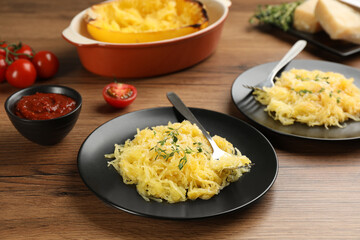 Tasty spaghetti squash with thyme and cheese served on wooden table