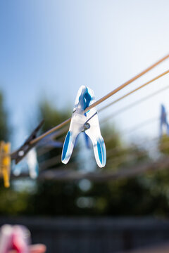 Clothesline Pegs hanging on a sunny morning
