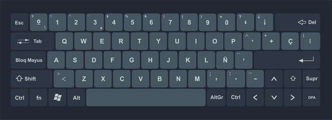 Fototapeta Keyboard with black and dark gray keys, and all symbols, letters of the alphabet and numbers to type -  Spanish or hispanic design for a vector editable keypad obraz