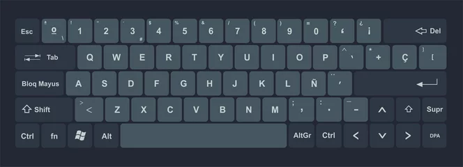 Fotobehang Keyboard with black and dark gray keys, and all symbols, letters of the alphabet and numbers to type -  Spanish or hispanic design for a vector editable keypad © Domingo