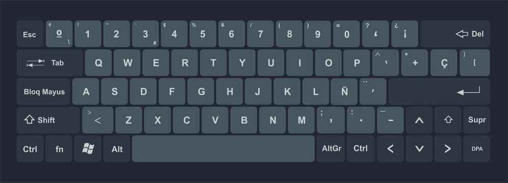 Keyboard with black and dark gray keys, and all symbols, letters of the alphabet and numbers to type -  Spanish or hispanic design for a vector editable keypad