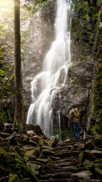 Vertical shot of The Burgbach Waterfall in the Black Forest in Bad Rippoldsau-Schapbach, Germany