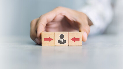 Recruiter complete team represented by wooden cube by one leader person (CEO) and icon,human resources, corporate hierarchy concept and multilevel marketing.