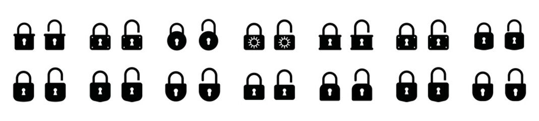 Lock icons set. Black isolated icons of locked and unlocked lock on white background. Silhouette of locked and unlocked castle. Protection icon. Flat style. Vector illustration