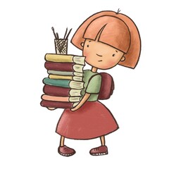 cute little girl with books hand drawn illustration, back to school clipart