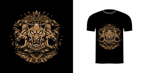 Tshirt Design Illustration Cerberus With Engraving Ornament