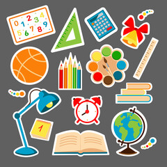 Set of school supplies and stationery. Back to school stickers . Vector illustration.