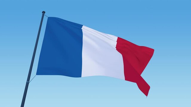 French flag loop footage at day light blowing close up in Ultra HD 4k resolution, 30 FPS on blue sky background with copy space - 3d ensign of France for holidays, news, sporting events.