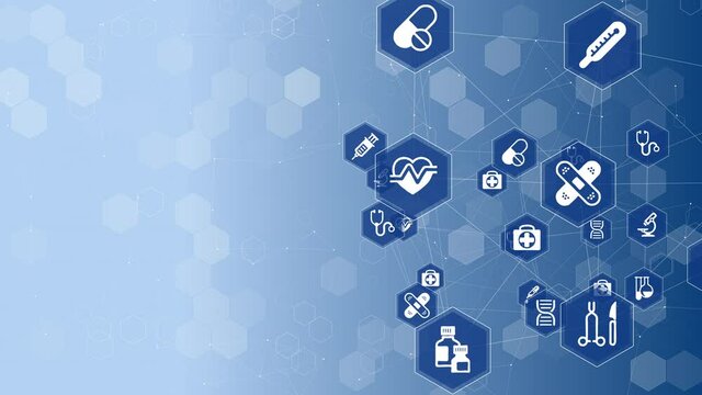 Medical symbols and hexagons on the light blue background with negative space for text, titles or logos.
