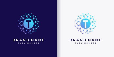 Creative business logo design technology initial letter t with line art and dot style