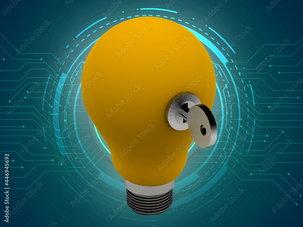 Poster 3d rendering led yellow lightbulb protected lock