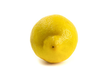 Whole lemon lies isolated on white background. Ripe citrus wrapped with a tip.