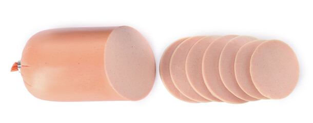 Tasty cut boiled sausage on white background, top view