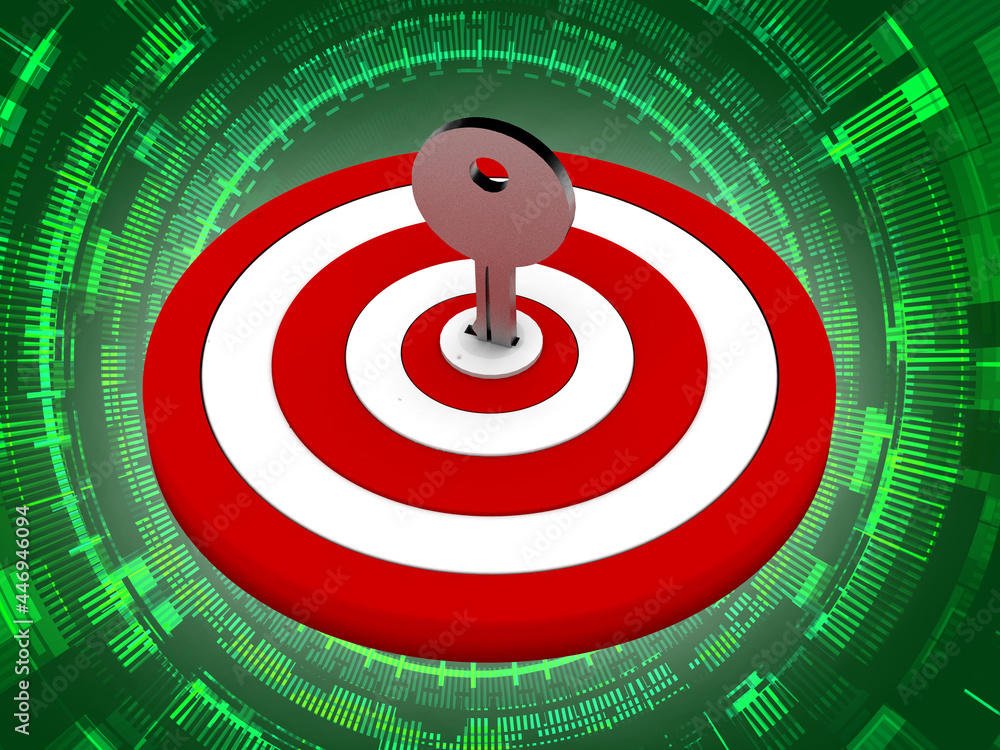 Poster 3d target with key in the keyhole. success concept