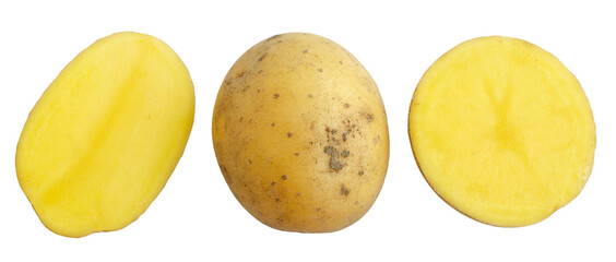 Young potatoes isolated on white background, top view. Flat lay. Potatoes, whole and sliced, isolated on white background. Fresh young potatoes isolated on white. Set of potatoes, whole and in pieces.