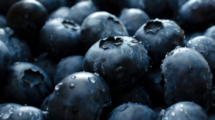 Blueberry berry background. Macro. Fresh blueberry background. Water drops on ripe blueberries. Background from freshly picked blueberries, close-up. Blue berries of blueberry close-up, macro.