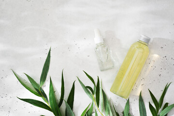 Beauty and cosmetic concept with serum bottles and green leaves on white