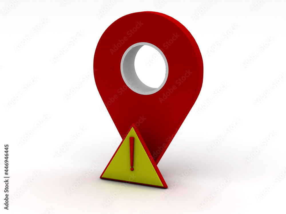 Poster warning attention concept. exclamation mark icon on a red color map pointer isolated . 3d illustrati