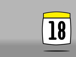 Modern yellow and white calendar with number eighteen on gray background