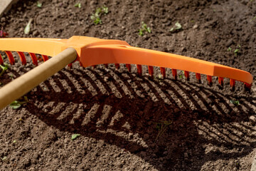 rake close-up on the background of the garden bed, farming tool, gardening concept