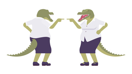 Crocodile woman, green reptile lady, animal head, tail human mocking. Aggressive dangerous person with powerful jaws, teeth, wild predator. Vector flat style cartoon illustration, front and rear view