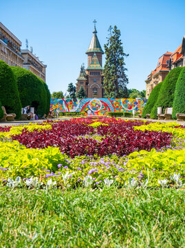 Timisoara, Romania - 06.19.2021:View with Orthodox Metropolitan Cathedral (Catedrala Mitropolitană Ortodoxă) seen from Victory Square, in Timisoara.