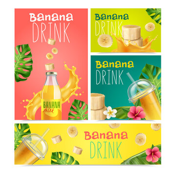 Banana Drink Realistic Banners Set Fruit Slices Bottle Glasses With Juice