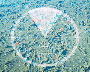 War action, drone terrain view. Strategic goals. Radar and enemy aircraft. Night satellite view. Border surveillance. Map. 3d rendering
