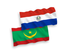 National vector fabric wave flags of Islamic Republic of Mauritania and Paraguay isolated on white background. 1 to 2 proportion.