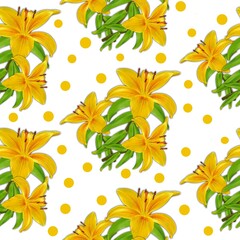 A bouquet of yellow-orange lilies on a white background. Seamless pattern in a square, close-up