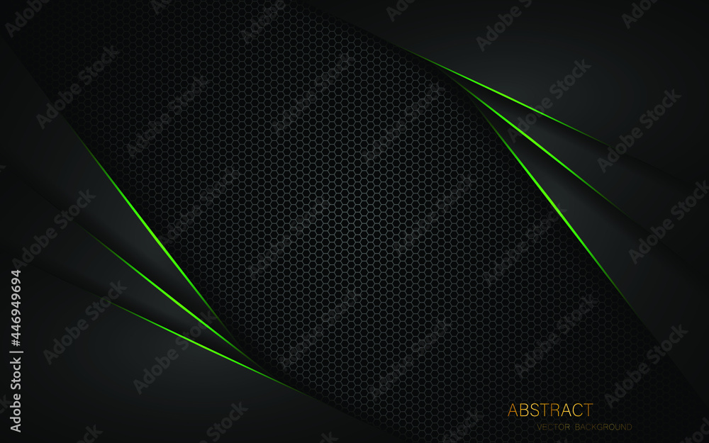Poster dark steel mesh abstract background with green glowing lines with space for design. modern technolog