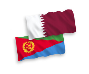 National vector fabric wave flags of Eritrea and Qatar isolated on white background. 1 to 2 proportion.