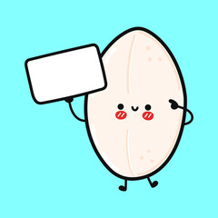 Cute funny rice with poster. Vector hand drawn cartoon kawaii character illustration icon. Isolated on blue background. Rice think concept