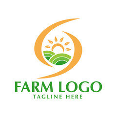 sunrise sunset logo template with sun and grass green and orange garden