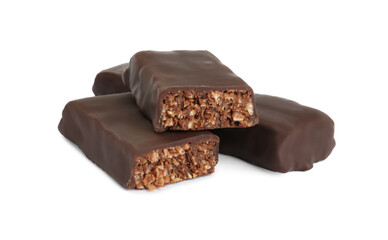 Halves of tasty chocolate glazed protein bar on white background