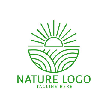 nature line logo template with sun and green grass