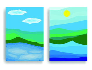 Fototapeta premium Poster with mountain landscape and sun and clouds in boho style .Minimal design Trendy brochure . Vector illustration .