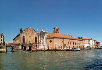 Fototapeta na wymiar Scuola Vecchia De La Misericordia and Santa Maria della Misericordia, church at Campo de l'Abazia, Cannaregio, Venice
