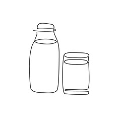 Bottle with a glass of milk continuous line drawing. One line art of dairy produce, milk products, milk, kefir, fermented baked milk, ayran, glass, jug.