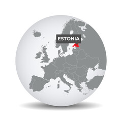 World globe map with the identication of Estonia. Map of Estonia. Estonia on grey political 3D globe. Europe countries. Vector stock.