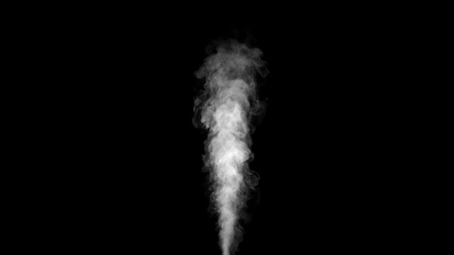 White real clouds of steam humidifier in the air on black background isolated in slowmo. Beautiful smoke. 