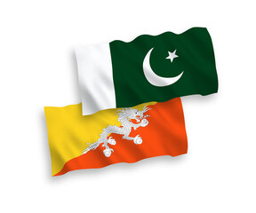 National vector fabric wave flags of Kingdom of Bhutan and Pakistan isolated on white background. 1 to 2 proportion.