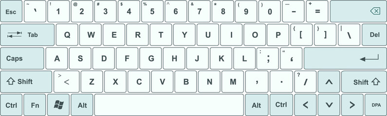 Keyboard with white and blue-gray keys, and all symbols, letters of the alphabet and numbers to type - International design for a vector editable keypad - obrazy, fototapety, plakaty
