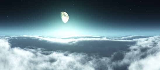 Obraz na płótnie Canvas Moon, moonrise above the clouds, panorama of clouds from a height of flight at night, 3D rendering