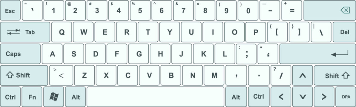 Keyboard with white and blue-gray keys, and all symbols, letters of the alphabet and numbers to type - International design for a vector editable keypad